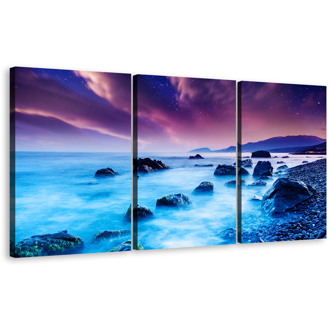 Ukraine Sea Canvas Print, Blue Ocean Rocks Boulders Multi Canvas, Dramatic Purple Overcast Sky 3 Piece Wall Art