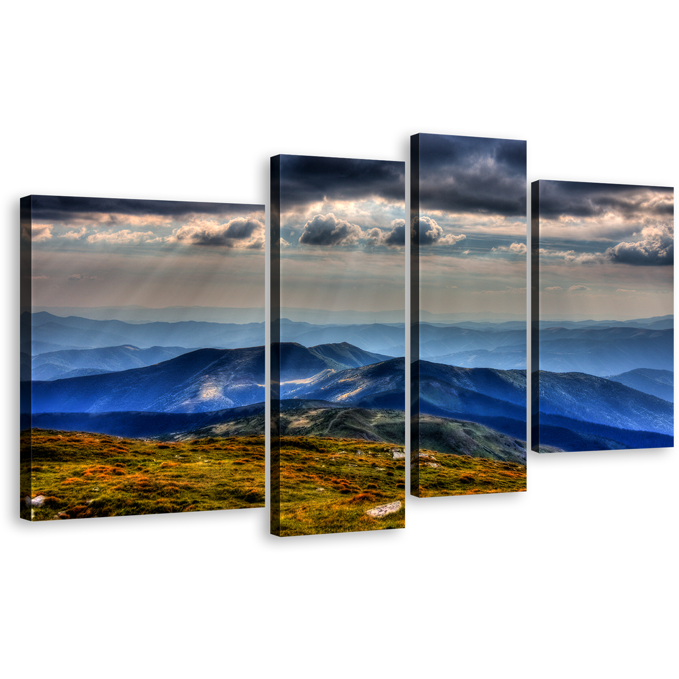 Ukrainian Carpathians Canvas Wall Art, Blue Carpathians Mountain Canvas Print, Green Petros Moun Scenery 4 Piece Canvas, National Park Chornogora Canvas Set