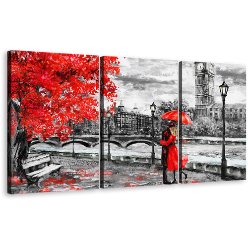 Umbrella Couple Canvas Wall Art, England Black and White City 3 Piece Canvas Print, London Red Autumn Tree Multi Panel Canvas