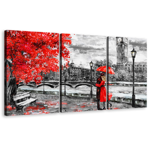 Umbrella Couple Canvas Wall Art, England Black and White City 3 Piece Canvas Print, London Red Autumn Tree Multi Panel Canvas