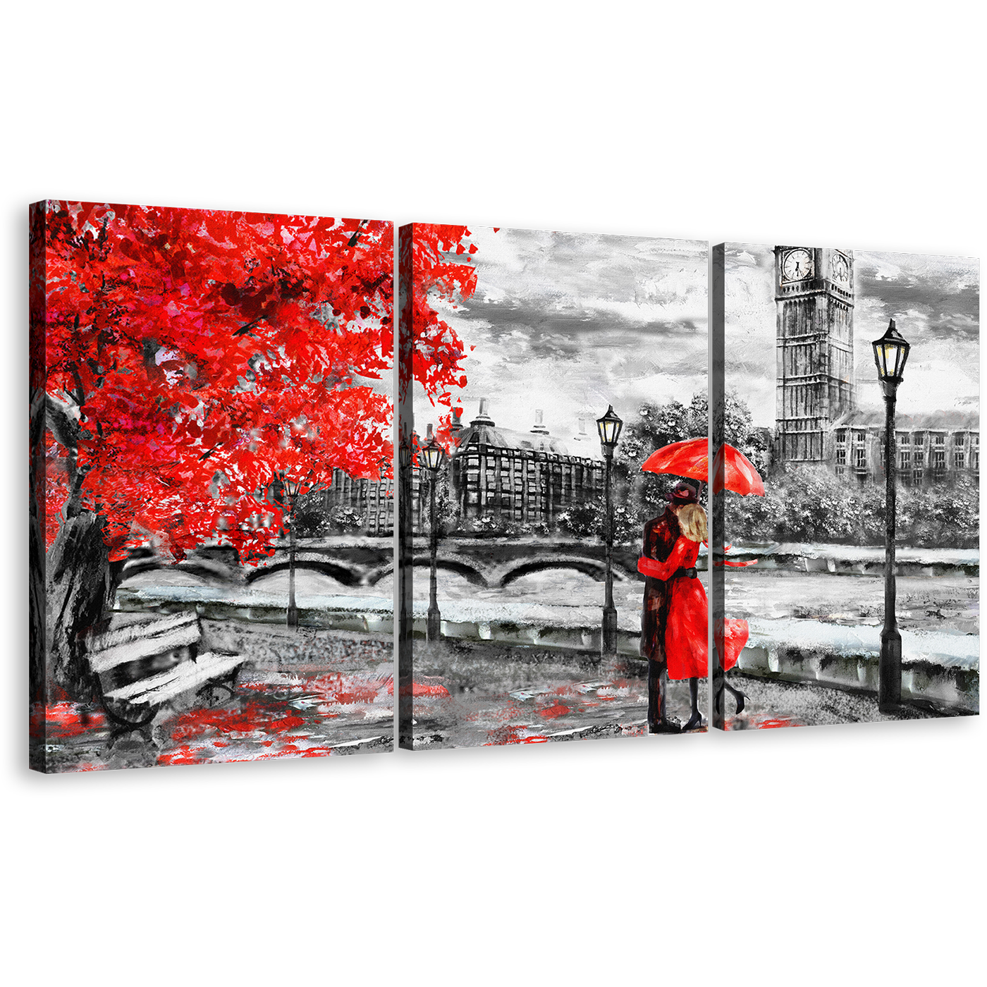 Umbrella Couple Canvas Wall Art, England Black and White City 3 Piece Canvas Print, London Red Autumn Tree Multi Panel Canvas