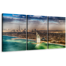 Load image into Gallery viewer, Umm Suqeim Beach Canvas Wall Art, Brown City Skyline Triptych Canvas Print, Sea Green Dubai Beach 3 Piece Canvas
