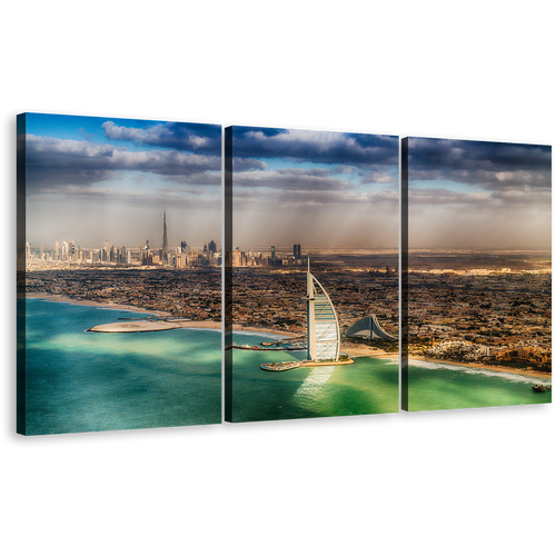 Umm Suqeim Beach Canvas Wall Art, Brown City Skyline Triptych Canvas Print, Sea Green Dubai Beach 3 Piece Canvas