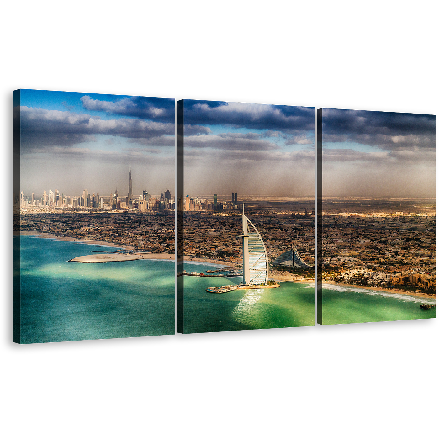 Umm Suqeim Beach Canvas Wall Art, Brown City Skyline Triptych Canvas Print, Sea Green Dubai Beach 3 Piece Canvas