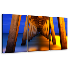 Load image into Gallery viewer, Under Pier Canvas Print, Blue Yellow Pier Ocean Triptych Multi Canvas Artwork, Orange Pier Pillar Sea  3 Piece Canvas Wall Art
