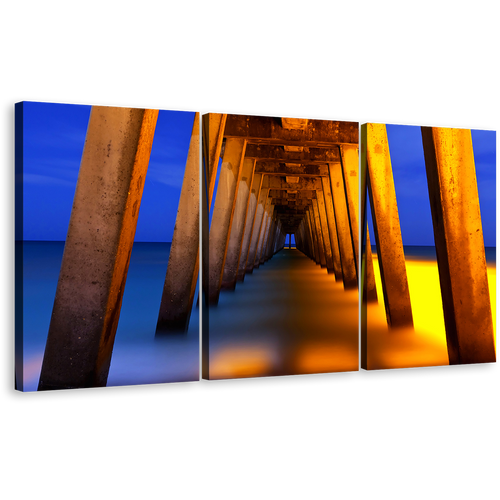 Under Pier Canvas Print, Blue Yellow Pier Ocean Triptych Multi Canvas Artwork, Orange Pier Pillar Sea  3 Piece Canvas Wall Art