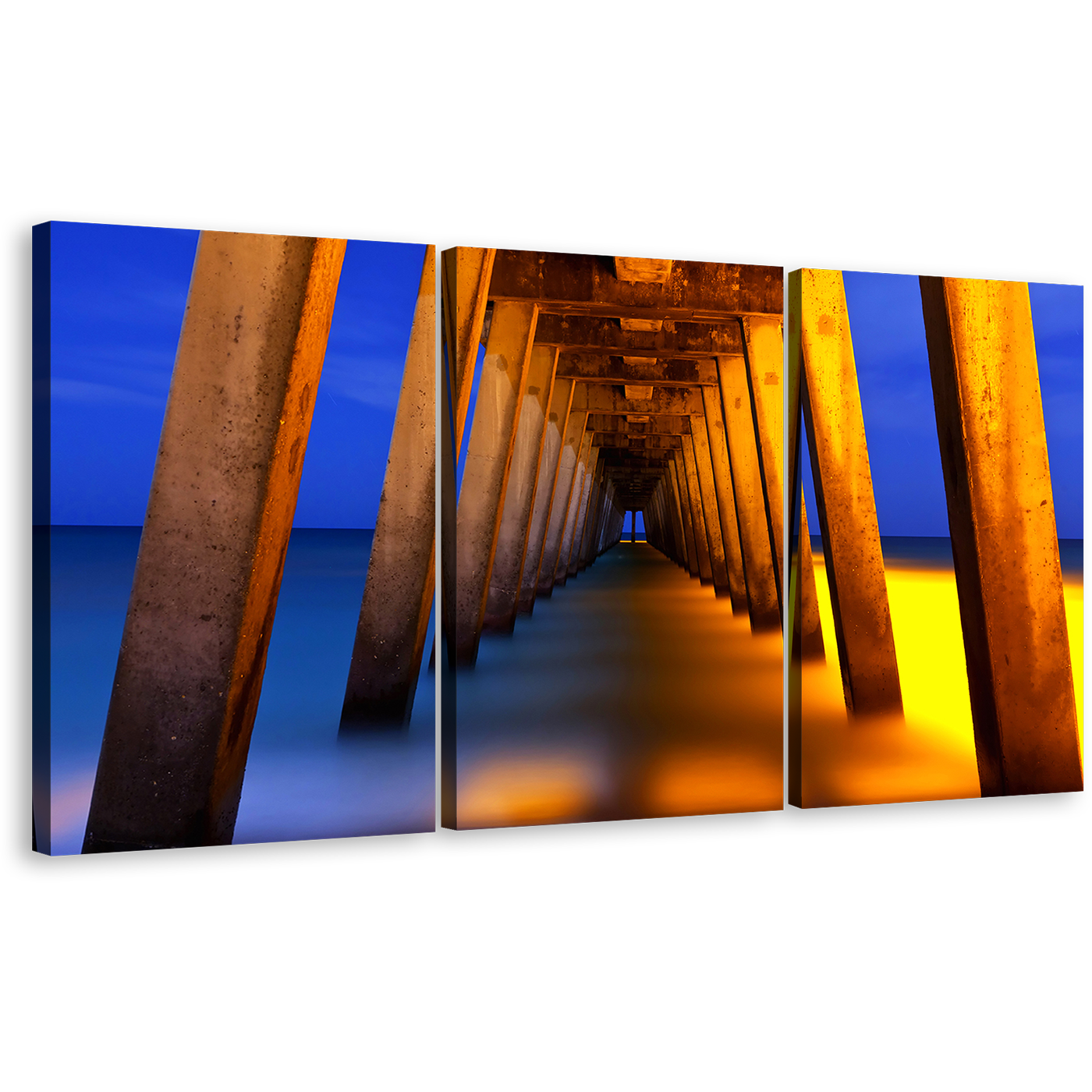 Under Pier Canvas Print, Blue Yellow Pier Ocean Triptych Multi Canvas Artwork, Orange Pier Pillar Sea  3 Piece Canvas Wall Art