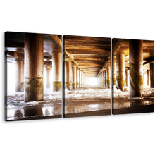 Load image into Gallery viewer, Under Pier Canvas Print, Brown Pier Ocean Triptych Multi Canvas Artwork, White Pier Sea Waves 3 Piece Canvas Wall Art
