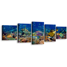 Load image into Gallery viewer, Underwater Reef Canvas Wall Art, Blue Aquarium 5 Piece Canvas Print, Colorful Fish Underwater Multi Canvas Artwork
