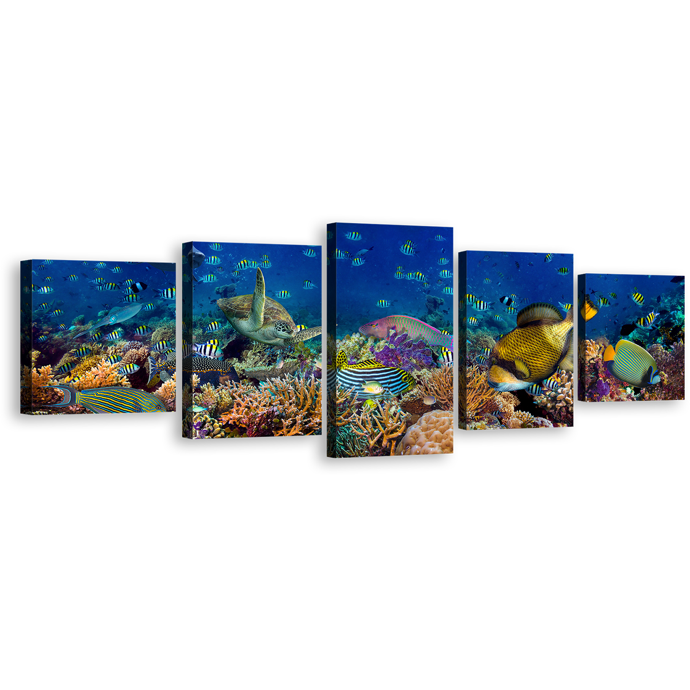 Underwater Reef Canvas Wall Art, Blue Aquarium 5 Piece Canvas Print, Colorful Fish Underwater Multi Canvas Artwork