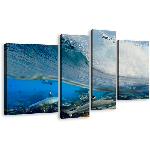 Underwater Sharks Canvas Print, Blue Ocean Waves 4 Piece Wall Art, Grey Shark Fishes Sea Multi Canvas