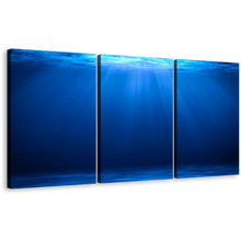 Load image into Gallery viewer, Underwater Sunlight Wall Art, Blue Ocean Deep Canvas Print, White Sunbeams Through Water 3 Piece Canvas Set
