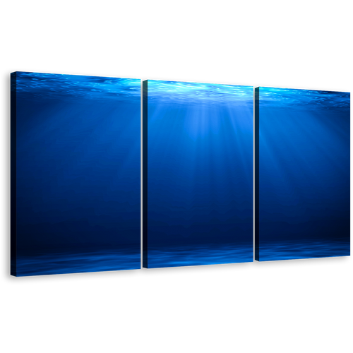 Underwater Sunlight Wall Art, Blue Ocean Deep Canvas Print, White Sunbeams Through Water 3 Piece Canvas Set