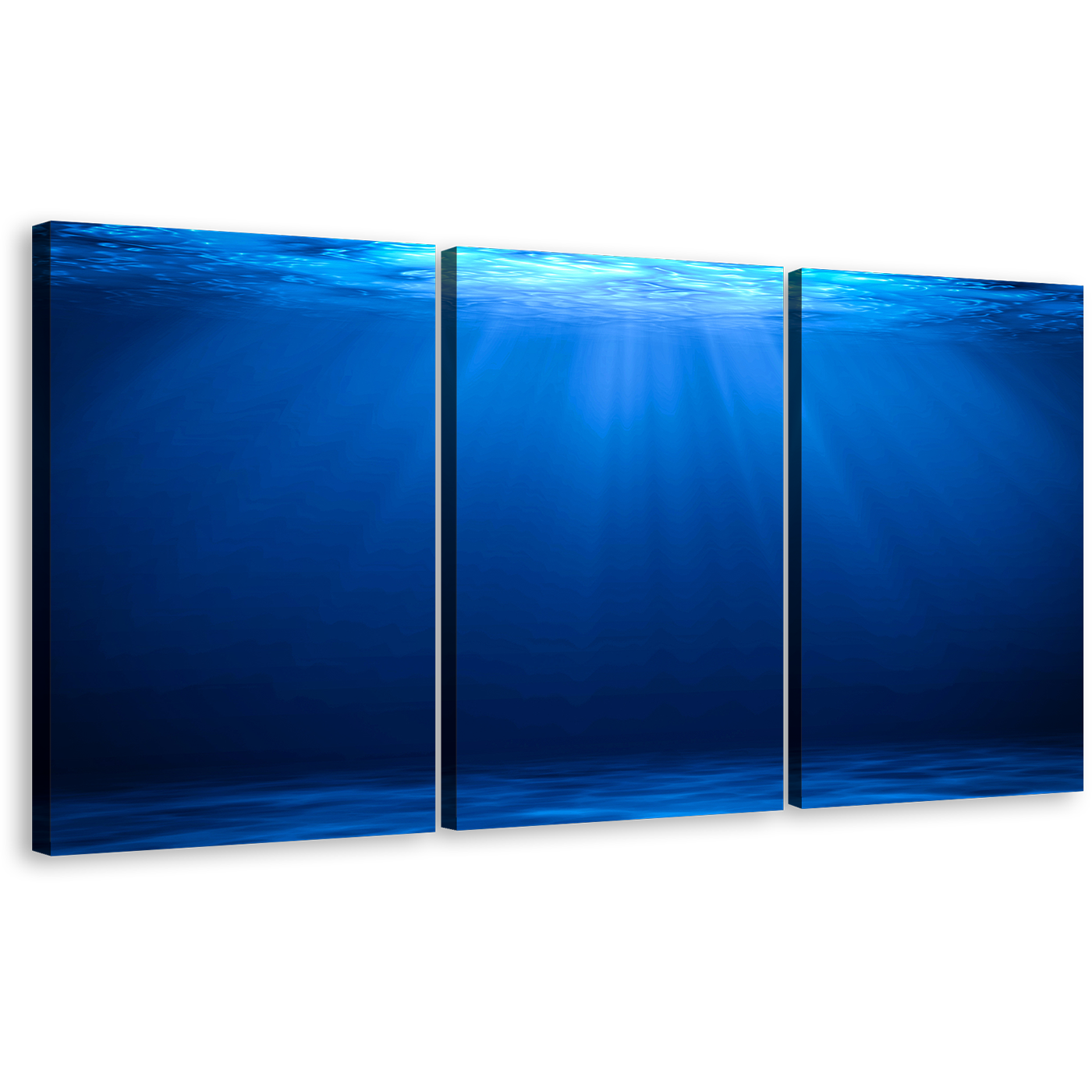 Underwater Sunlight Wall Art, Blue Ocean Deep Canvas Print, White Sunbeams Through Water 3 Piece Canvas Set