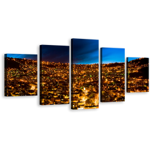 Load image into Gallery viewer, Urban Nights Canvas Print, Gold City Lights Bolivia Wall Art, Blue Sky City Mountains 5 Piece Canvas Set
