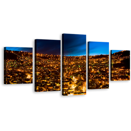 Urban Nights Canvas Print, Gold City Lights Bolivia Wall Art, Blue Sky City Mountains 5 Piece Canvas Set