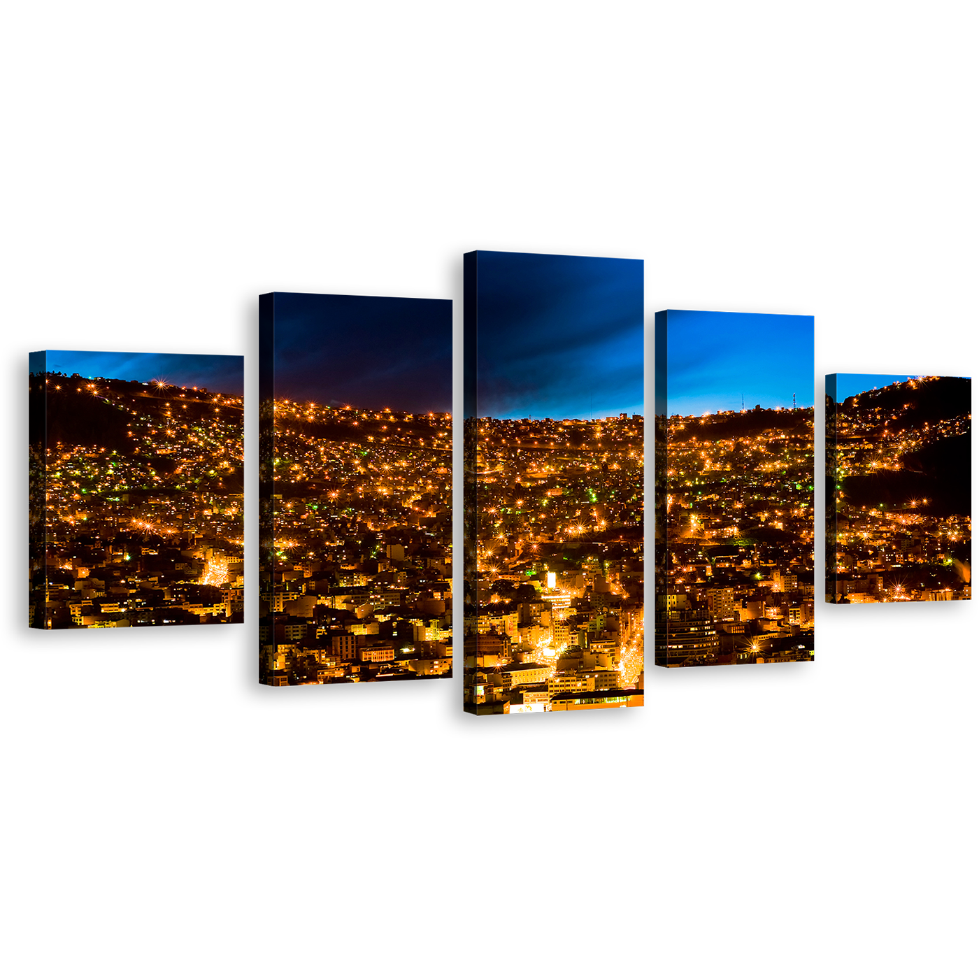 Urban Nights Canvas Print, Gold City Lights Bolivia Wall Art, Blue Sky City Mountains 5 Piece Canvas Set