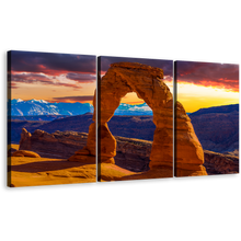 Load image into Gallery viewer, Utah Desert Canvas Wall Art, Arches National Park 3 Piece Multi Canvas, Orange Sky Brown Mountains Sunset Canvas Print
