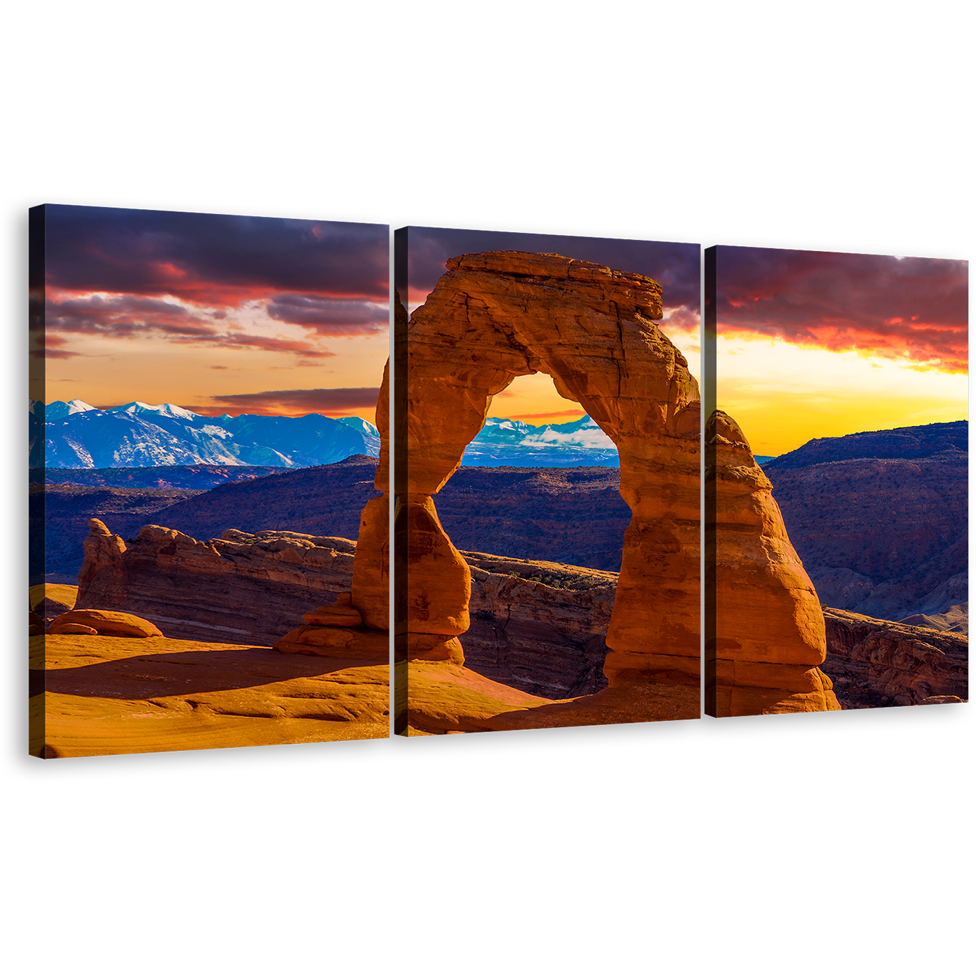 Utah Desert Canvas Wall Art, Arches National Park 3 Piece Multi Canvas, Orange Sky Brown Mountains Sunset Canvas Print