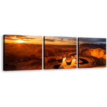 Load image into Gallery viewer, Utah Desert Canvas Wall Art, Canyon Lake Powell Brown Mountain 3 Piece Canvas Print, Yellow Cloudy Sunset Sky Desert Triptych Canvas Set
