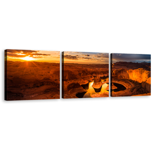 Utah Desert Canvas Wall Art, Canyon Lake Powell Brown Mountain 3 Piece Canvas Print, Yellow Cloudy Sunset Sky Desert Triptych Canvas Set