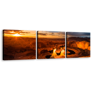 Utah Desert Canvas Wall Art, Canyon Lake Powell Brown Mountain 3 Piece Canvas Print, Yellow Cloudy Sunset Sky Desert Triptych Canvas Set