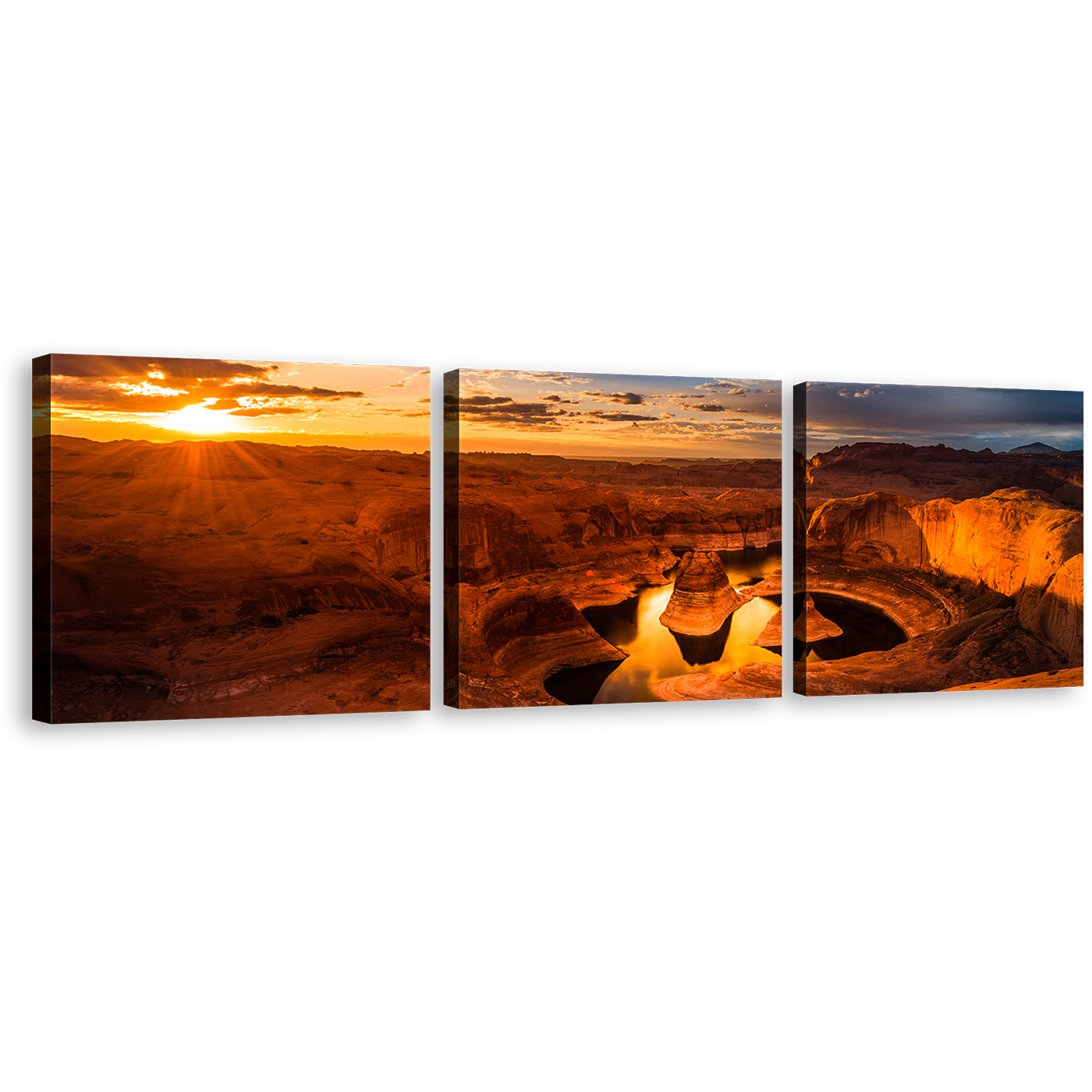 Utah Desert Canvas Wall Art, Canyon Lake Powell Brown Mountain 3 Piece Canvas Print, Yellow Cloudy Sunset Sky Desert Triptych Canvas Set