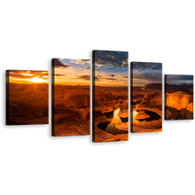 Load image into Gallery viewer, Utah Mountain Canvas Print, Yellow Sunset Sky Multi Canvas Artwork, Canyon Lake Powell Brown Desert 5 Piece Canvas Wall Art
