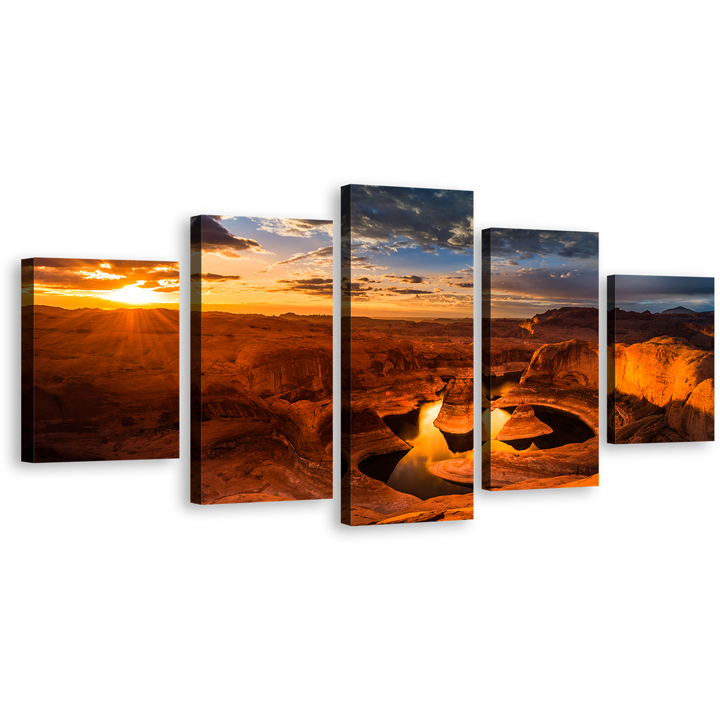 Utah Mountain Canvas Print, Yellow Sunset Sky Multi Canvas Artwork, Canyon Lake Powell Brown Desert 5 Piece Canvas Wall Art