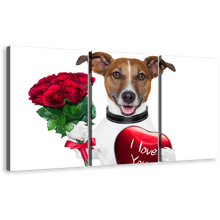 Load image into Gallery viewer, Valentine Dog Canvas Wall Art, Brown Dog Holding Heart 3 Piece Canvas Print, Dog Animal Holding Red Roses Triptych Multi Canvas
