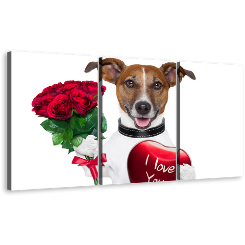 Valentine Dog Canvas Wall Art, Brown Dog Holding Heart 3 Piece Canvas Print, Dog Animal Holding Red Roses Triptych Multi Canvas