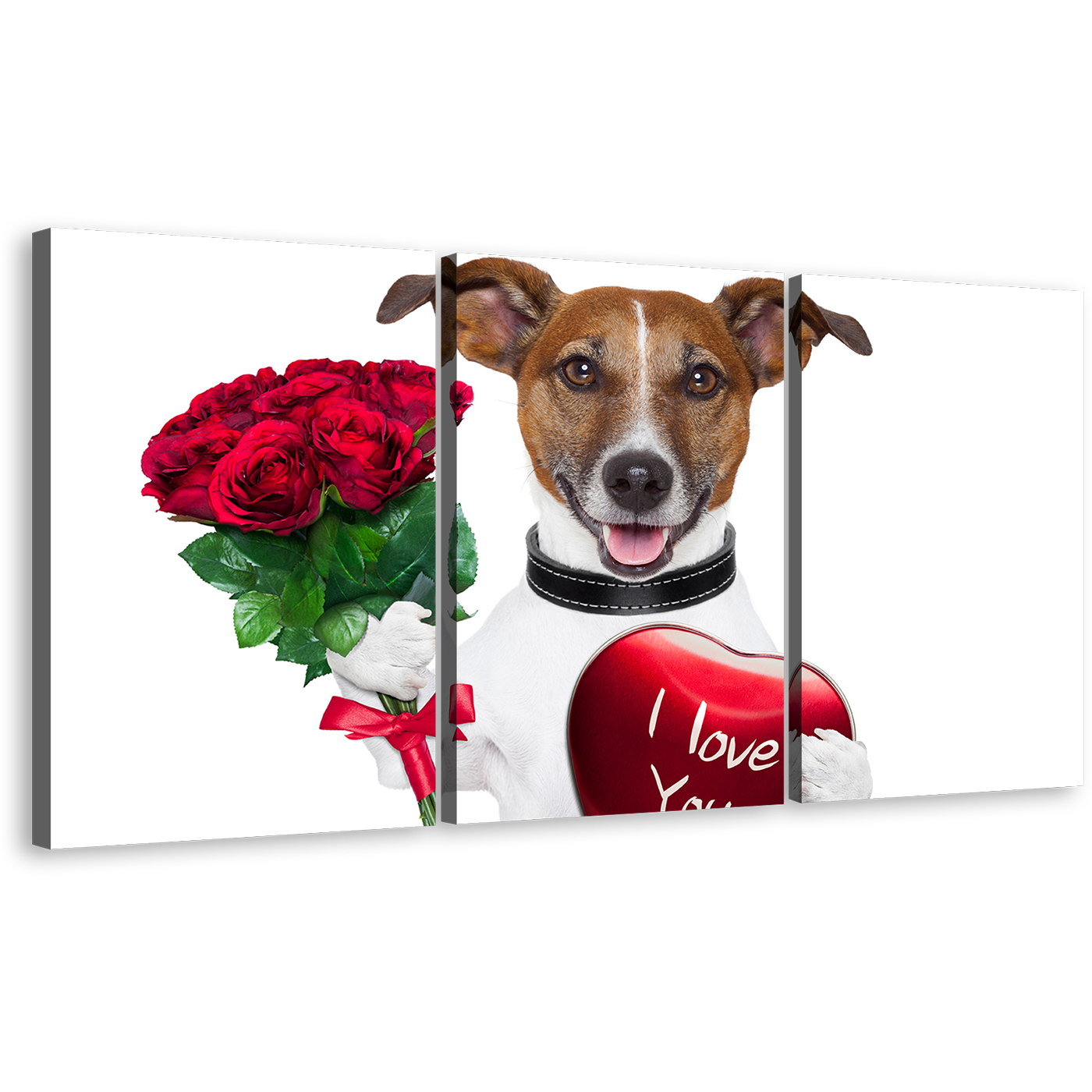 Valentine Dog Canvas Wall Art, Brown Dog Holding Heart 3 Piece Canvas Print, Dog Animal Holding Red Roses Triptych Multi Canvas