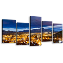 Load image into Gallery viewer, Vanadzor Skyline Canvas Wall Art, Blue Armenia City Mountains 5 Piece Multi Canvas Artwork, Beautiful Yellow Night Street Lights Canvas Print
