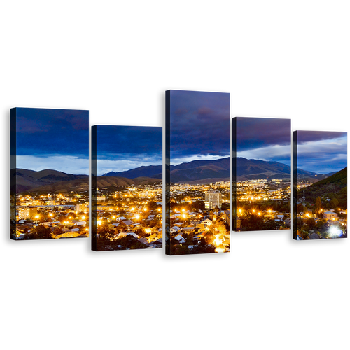 Vanadzor Skyline Canvas Wall Art, Blue Armenia City Mountains 5 Piece Multi Canvas Artwork, Beautiful Yellow Night Street Lights Canvas Print