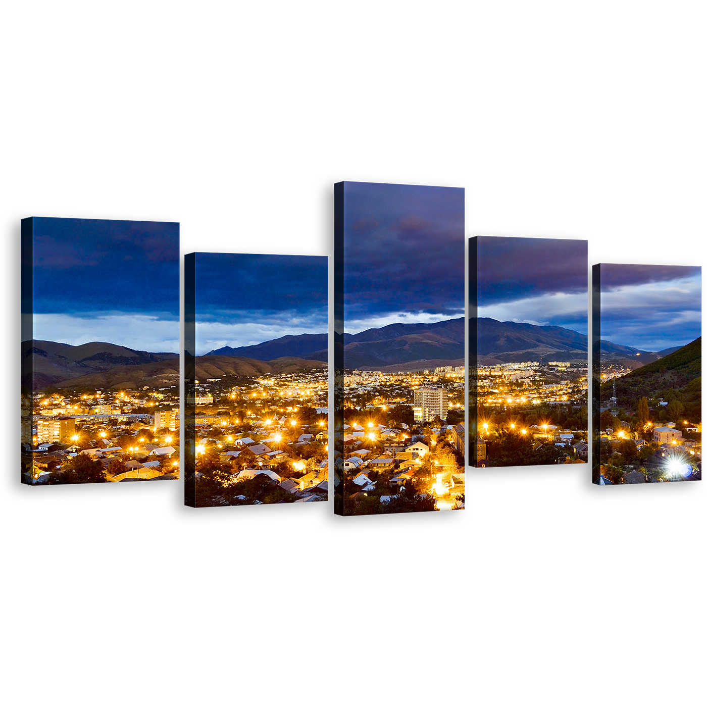 Vanadzor Skyline Canvas Wall Art, Blue Armenia City Mountains 5 Piece Multi Canvas Artwork, Beautiful Yellow Night Street Lights Canvas Print