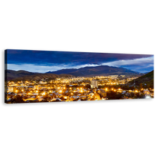 Load image into Gallery viewer, Vanadzor Skyline Canvas Wall Art, Blue Armenia City Mountains Panoramic Canvas Print, Beautiful Yellow Night Street Lights 1 Piece Canvas Artwork
