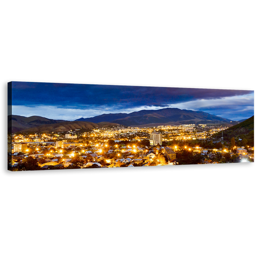 Vanadzor Skyline Canvas Wall Art, Blue Armenia City Mountains Panoramic Canvas Print, Beautiful Yellow Night Street Lights 1 Piece Canvas Artwork