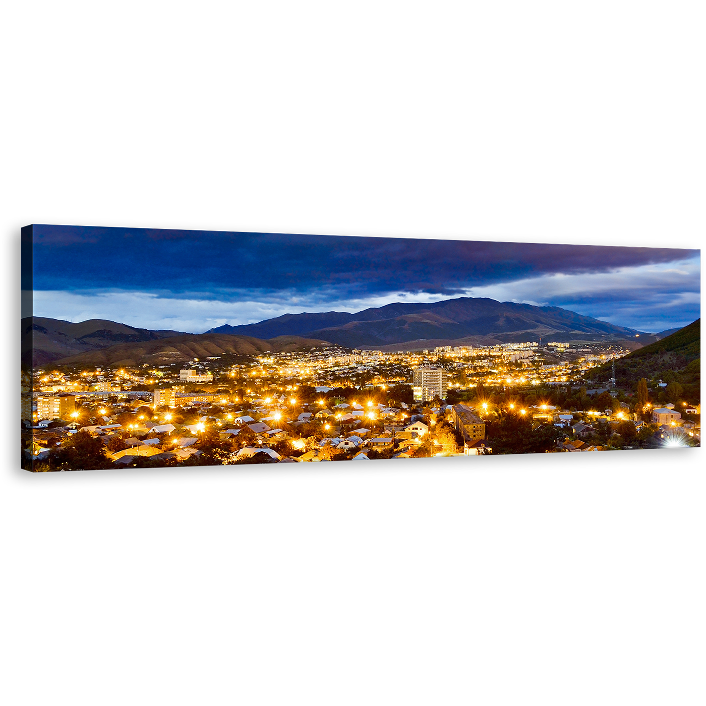 Vanadzor Skyline Canvas Wall Art, Blue Armenia City Mountains Panoramic Canvas Print, Beautiful Yellow Night Street Lights 1 Piece Canvas Artwork