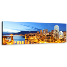 Load image into Gallery viewer, Vancouver Harbor Canvas Wall Art, Evening Blue Skyline Mountain Panoramic Canvas Print, Yellow Canal City Lights Wide Canvas
