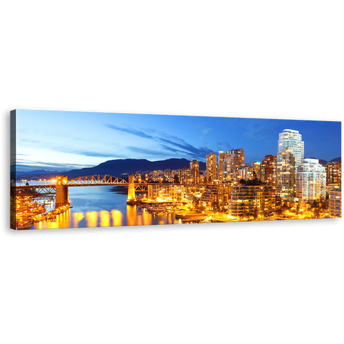 Vancouver Harbor Canvas Wall Art, Evening Blue Skyline Mountain Panoramic Canvas Print, Yellow Canal City Lights Wide Canvas