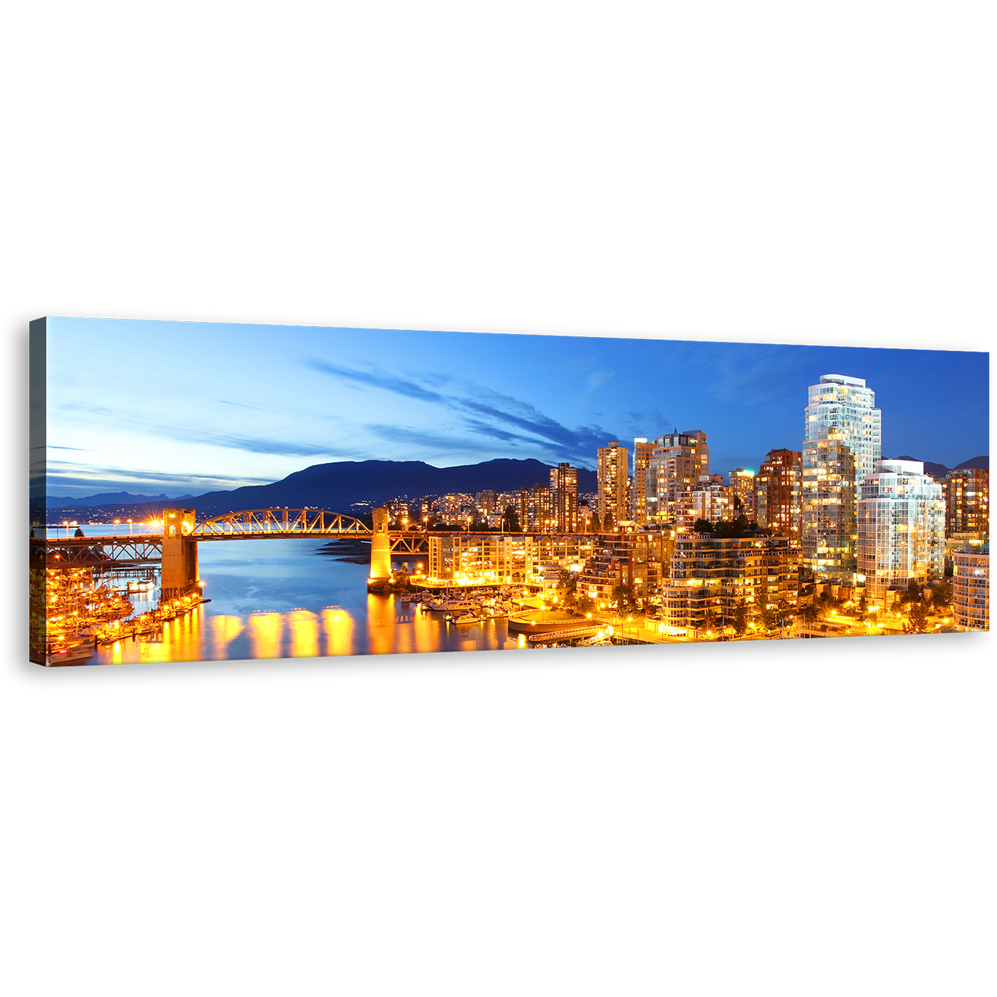 Vancouver Harbor Canvas Wall Art, Evening Blue Skyline Mountain Panoramic Canvas Print, Yellow Canal City Lights Wide Canvas