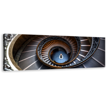 Load image into Gallery viewer, Vatican Museum Canvas Wall Art, Brown Abstract Spiral Staircase Panoramic Canvas Print, Grey Abstract Architecture Wide Canvas
