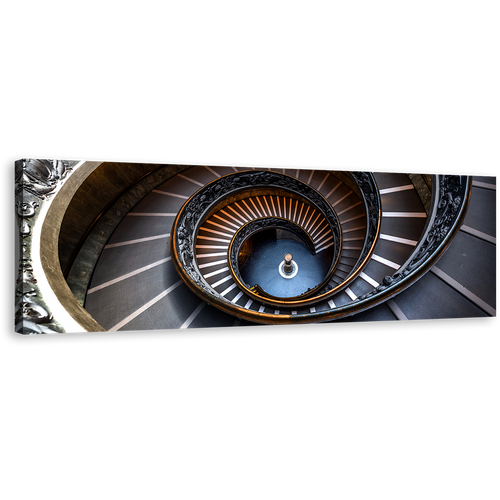 Vatican Museum Canvas Wall Art, Brown Abstract Spiral Staircase Panoramic Canvas Print, Grey Abstract Architecture Wide Canvas