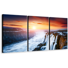 Load image into Gallery viewer, Vatnajokull Park Wall Art, Jokulsa a Fjollum Iceland Waterfall Yellow Sunset Canvas Print, White Selfoss Cascade 3 Piece Canvas Set
