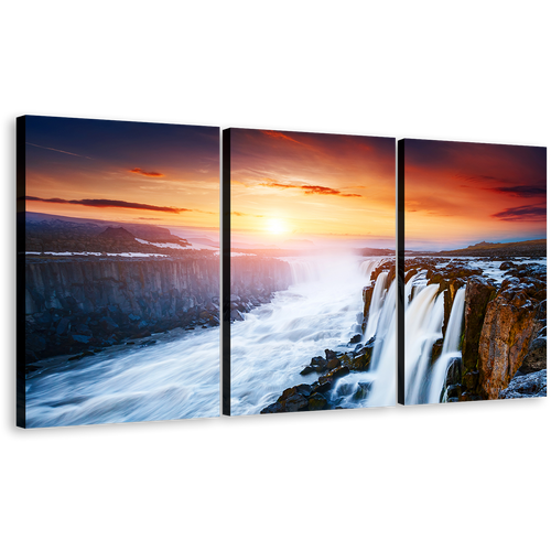 Vatnajokull Park Wall Art, Jokulsa a Fjollum Iceland Waterfall Yellow Sunset Canvas Print, White Selfoss Cascade 3 Piece Canvas Set