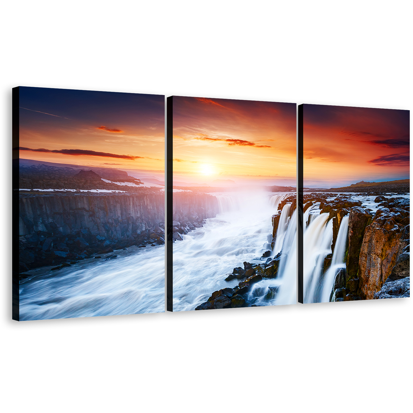 Vatnajokull Park Wall Art, Jokulsa a Fjollum Iceland Waterfall Yellow Sunset Canvas Print, White Selfoss Cascade 3 Piece Canvas Set