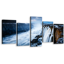 Load image into Gallery viewer, Vatnajokull Park Wall Art, White Selfoss Cascade Stream Multiple Canvas, Jokulsa a Fjollum Iceland Waterfall Blue Sky 5 Piece Canvas Print
