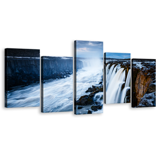 Vatnajokull Park Wall Art, White Selfoss Cascade Stream Multiple Canvas, Jokulsa a Fjollum Iceland Waterfall Blue Sky 5 Piece Canvas Print