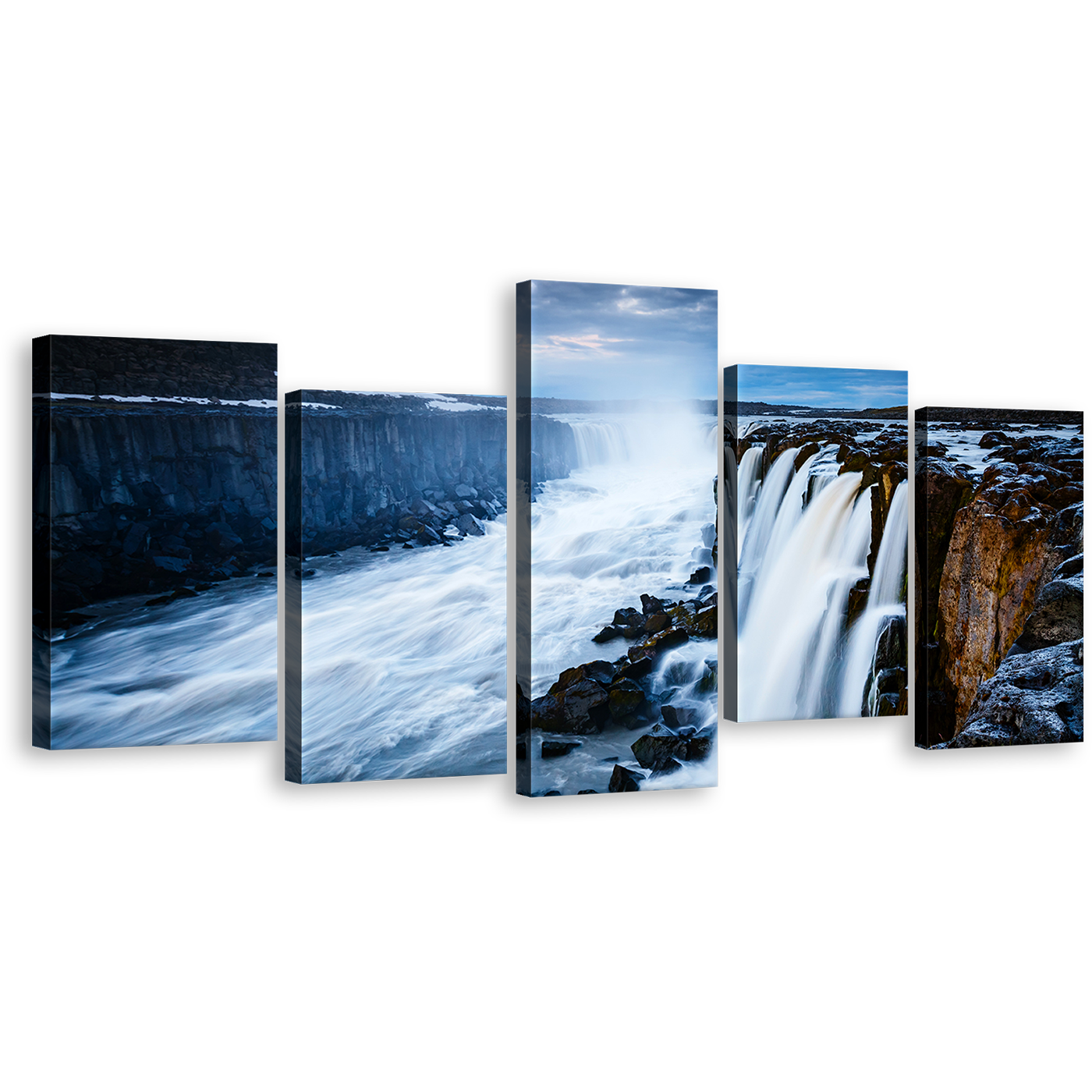 Vatnajokull Park Wall Art, White Selfoss Cascade Stream Multiple Canvas, Jokulsa a Fjollum Iceland Waterfall Blue Sky 5 Piece Canvas Print