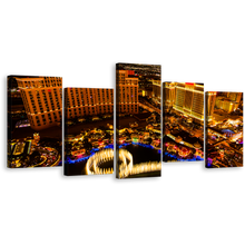 Load image into Gallery viewer, Venetian Hotel Canvas Wall Art, Beautiful Black Night Sky Canvas Print, Las Vegas Strip Gold Skyline 5 Piece Canvas
